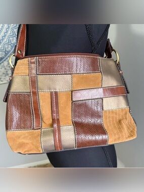 Relic by Fossil Leather Patchwork Shoulder Bag Brown Tan Multi Color Hobo Purse